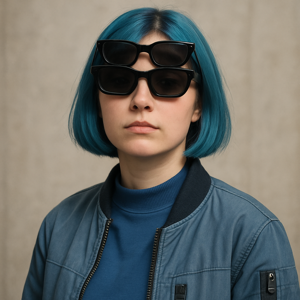 Original photo of person with blue hair and sunglasses